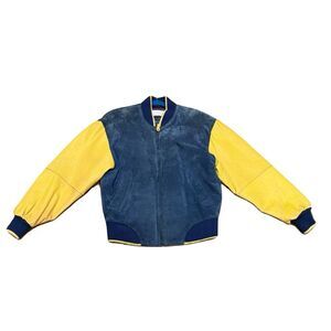 🧥 Vintage Joshua Ross Navy & Yellow Leather & Suede Bomber Jacket‎ - Size 38 ✨